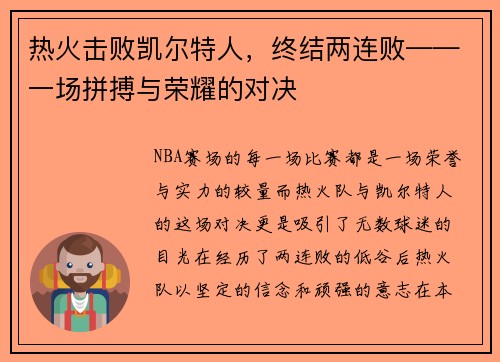热火击败凯尔特人，终结两连败——一场拼搏与荣耀的对决